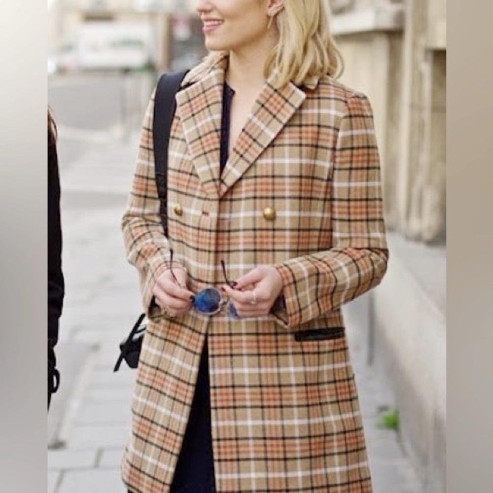 Tory Burch wool blend plaid double breasted coat